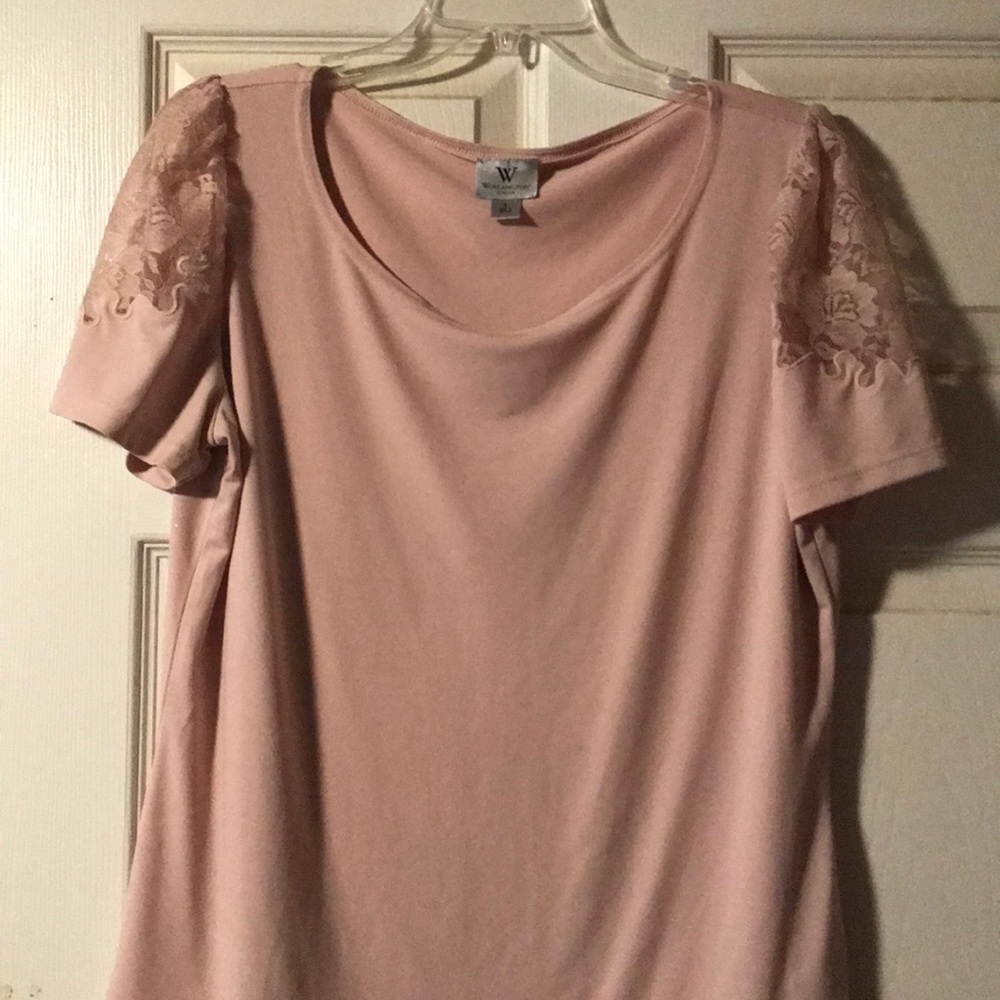 Pink shirt with lacy shoulders
